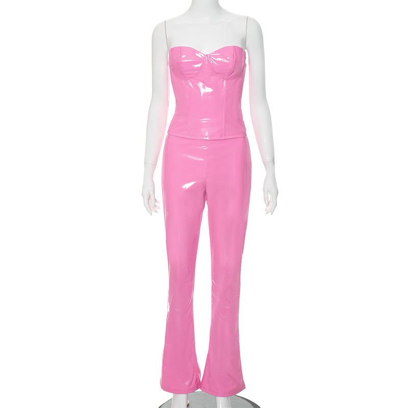 ’s Spring Leather Boning Corset Tube Top & Bootcut Pants Suit