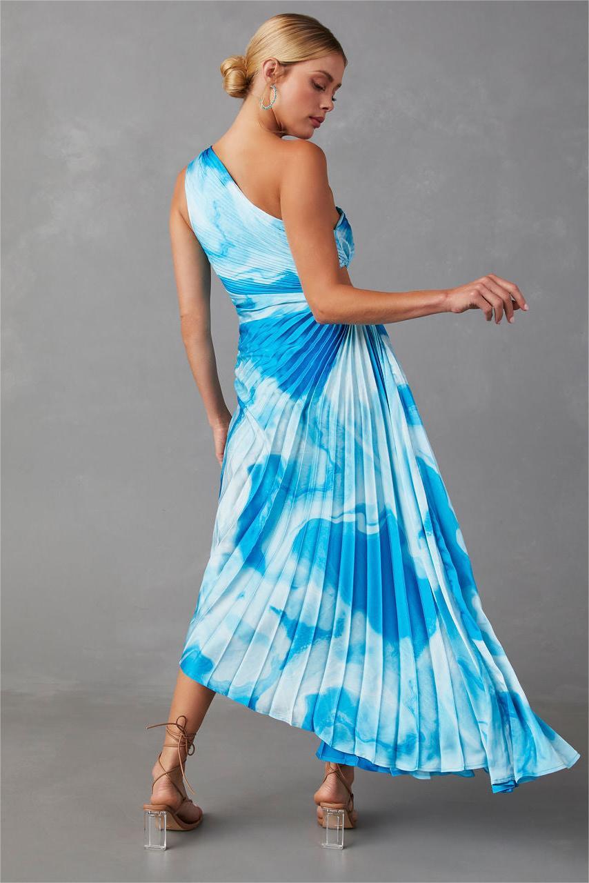 Tie Dye One-shoulder Drappped Hem Midi Dress