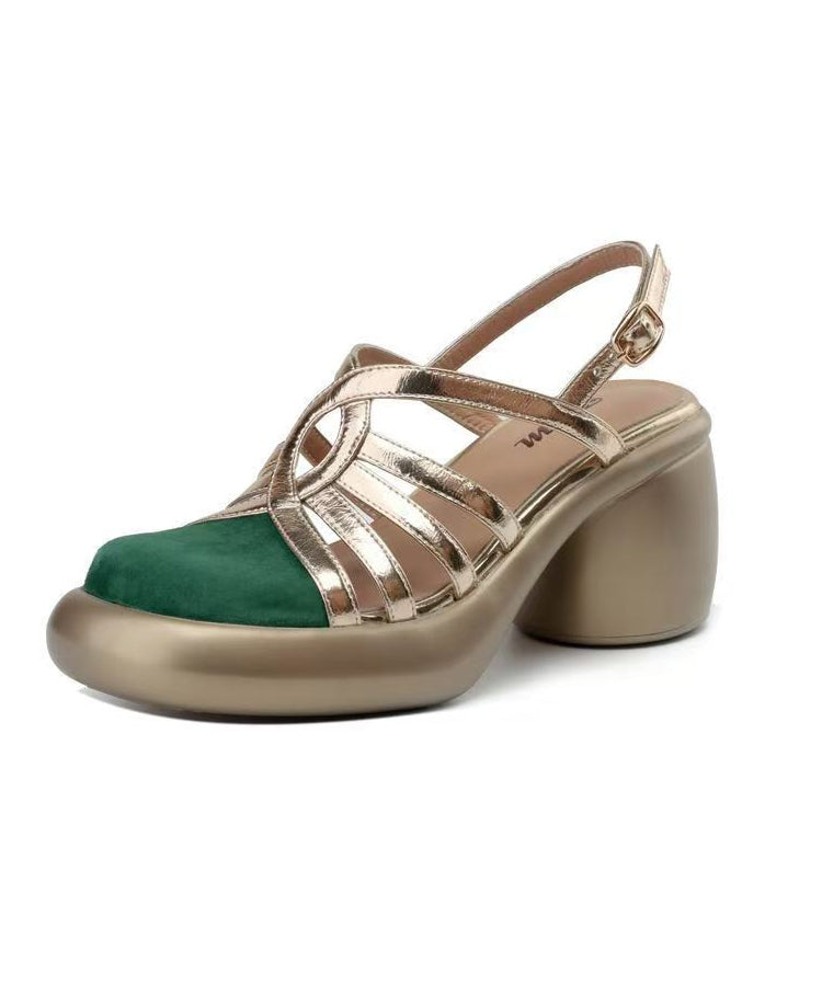 Comfortable Splicing Chunky Sandals Gold Hollow Out Cowhide Leather Kj065