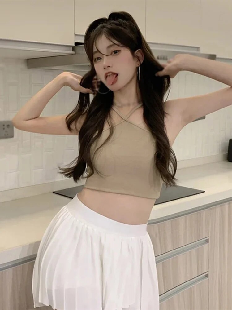 Hanging Neck Vest Camisole Tube Top Sleeveless Slim Short Tank Top Corset Top