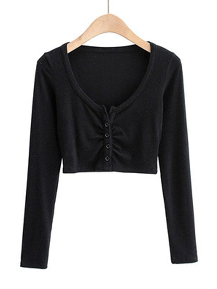 Slim V-neck Long Sleeve Bottomed Tops and Blouses High Street Color Open Navel Cardigan