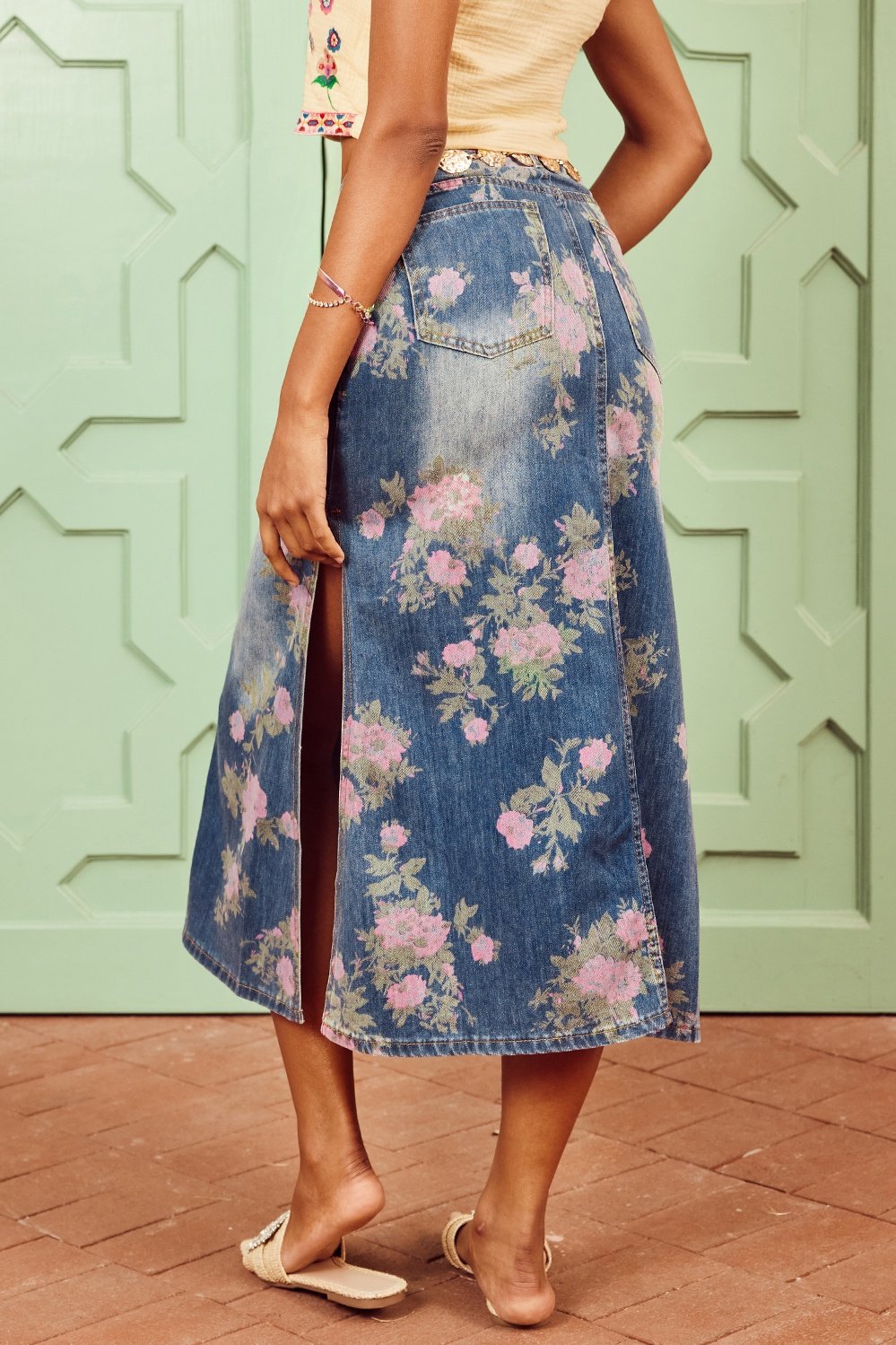 Casey Flower Print Denim Pencil Skirt