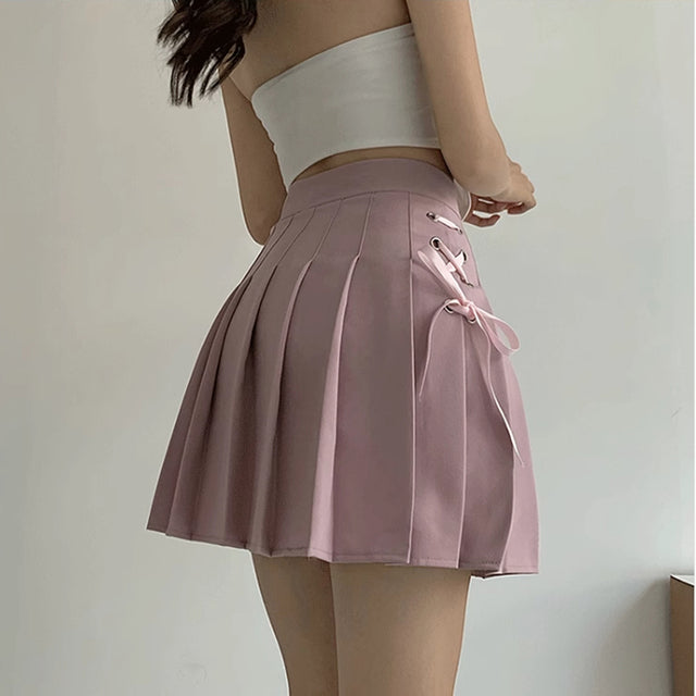 White Lace Up Pleated Skirts Summer Clothing Zipper Dancing Jk Mini Skirts Black Student A-line Skirt