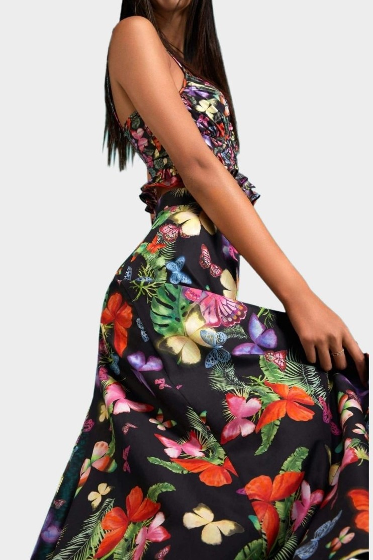 Butterfly Print Frill Mini Top ?high Waist Split Midi Skirt Set