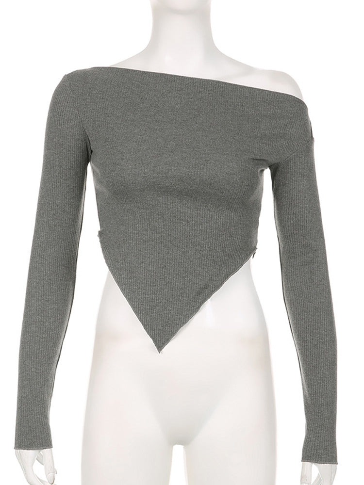 Y2k Grey Knitted Crop Top Asymmetrical Collar Full Sleeve T Shirt Harajuku Autumn Winter Basic Tee Street New