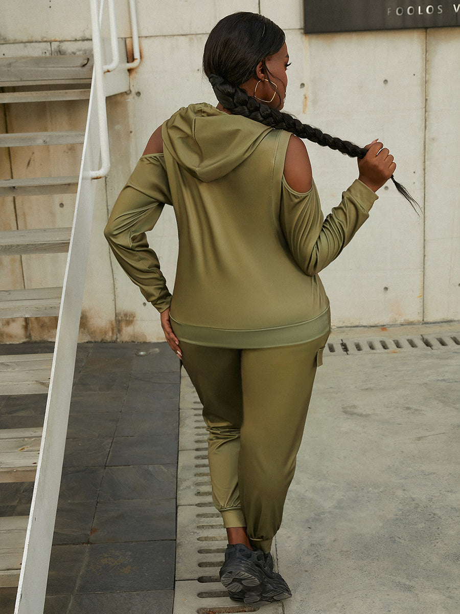Hooded Collar Cut Out Side Pocket Tracksuit Set Autumn Winter Round Neck Long Sleeve Two Pieces Pants Sets for