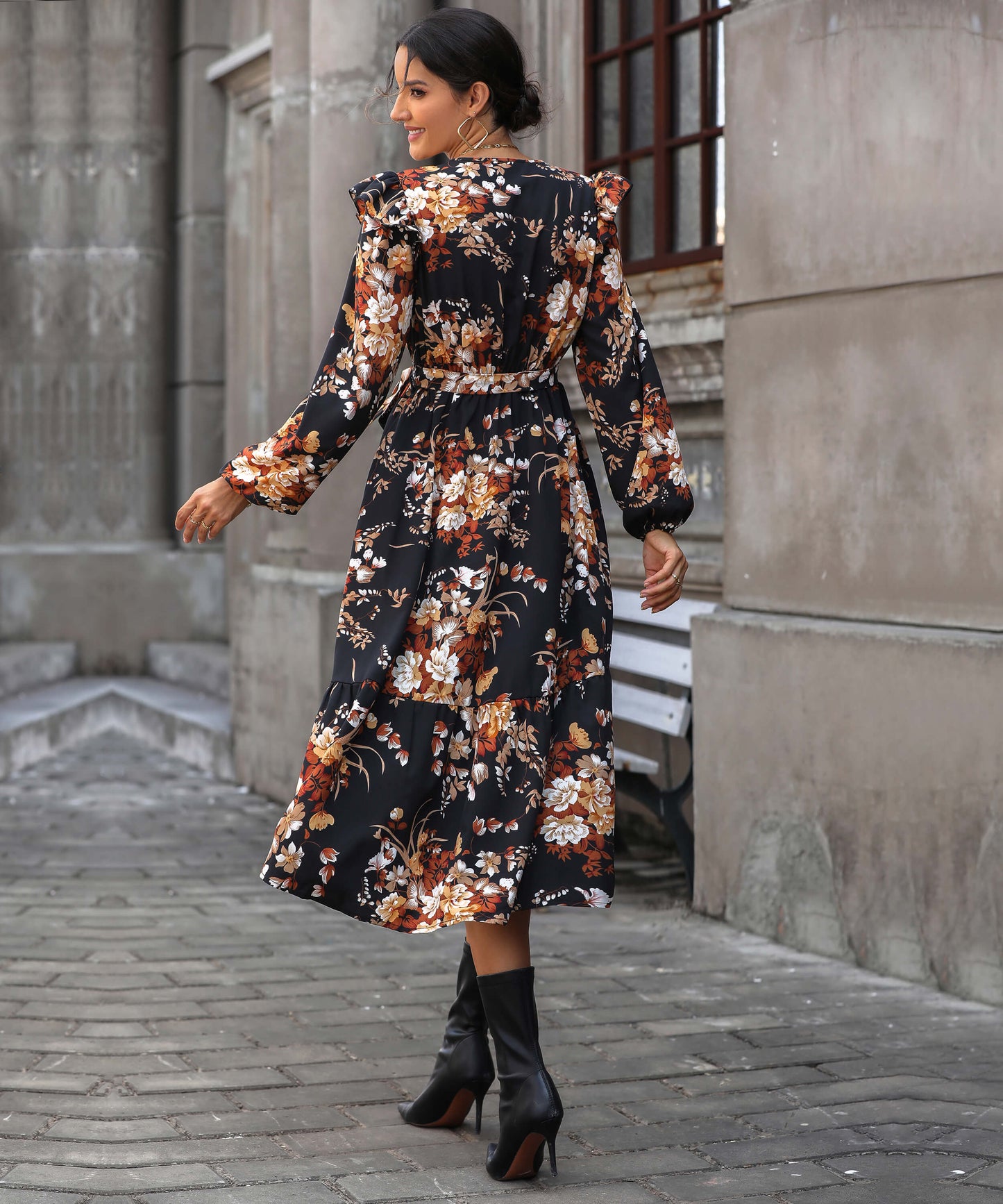 Harvest Love Print Tiered Midi Dress