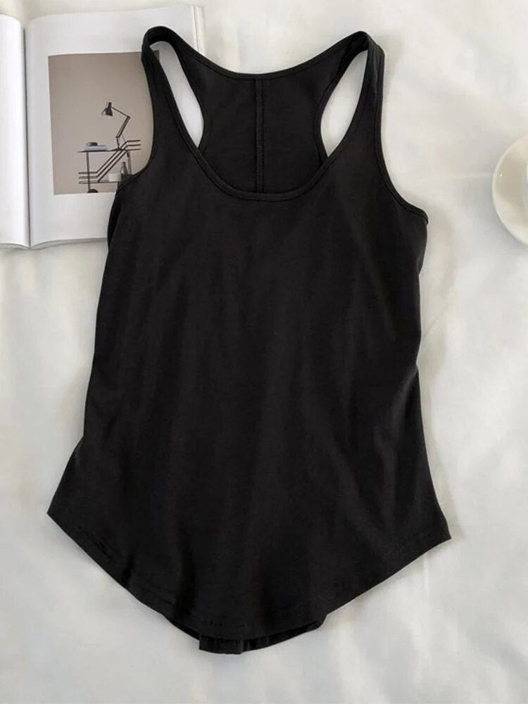 Irregular Tank Tops Summer O-neck Black Sleeveless Tshirt Top Color Loose Basic Camisole Female Fitness Sport Vest