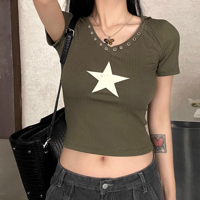 Summer Short Sleeve T-shirt Star Print Hooded Tops Trend Basic Crop Tops Tee Shirt Y2k Clothing