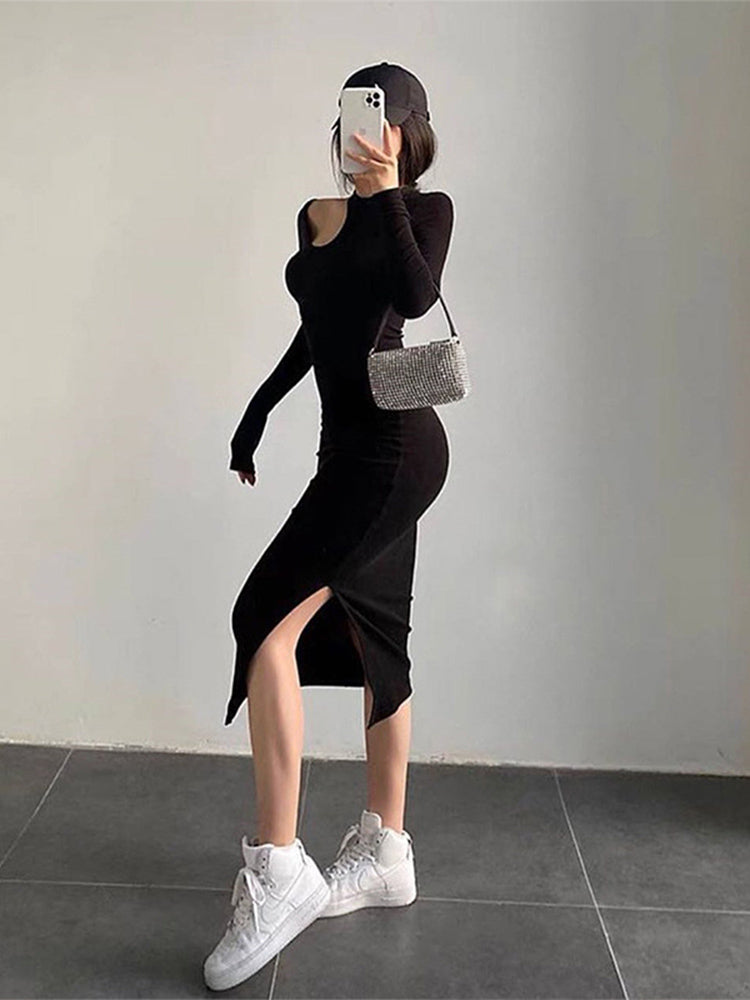 Cut Out Midi Dress for O-neck Long Sleeve Bodycon Party Dresses Autumn Winter Dress