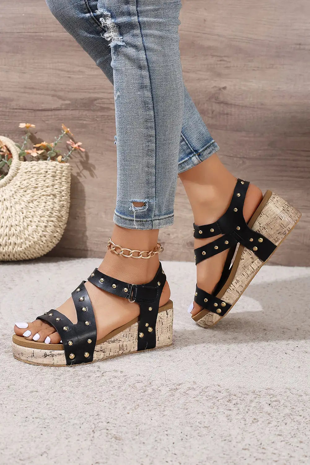Stylish Black Rivet Hollow Out Wedge Sandals
