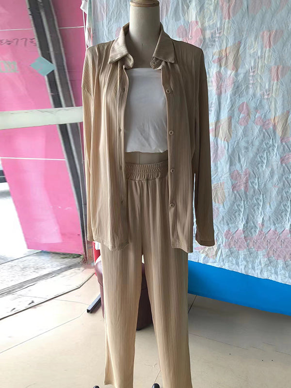 Color High-low Split-side Lapel Blouses + High Waisted Pants Bottom Two Pieces Set