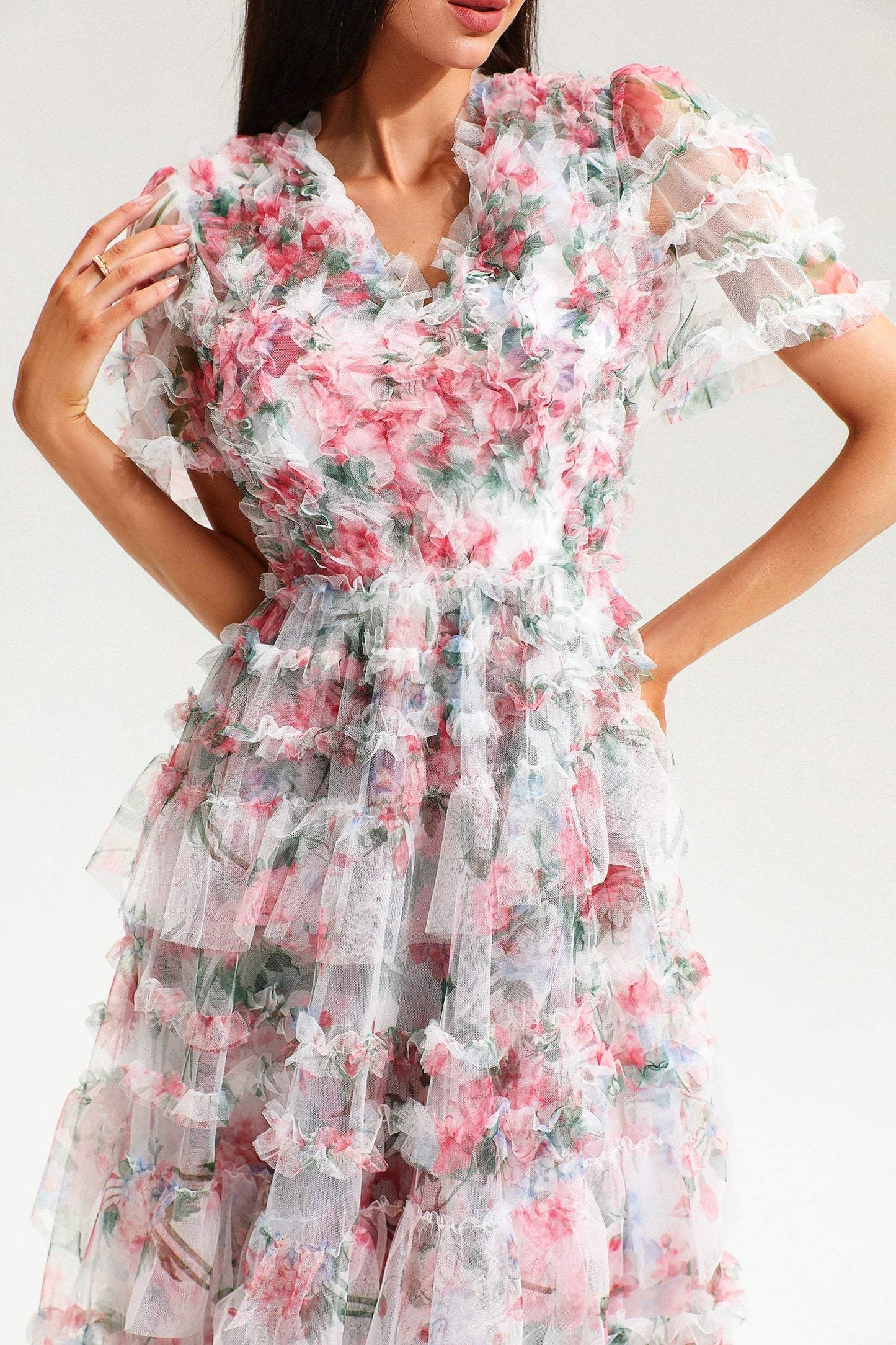 V-neck Short Sleeve Ruffle Tiered Hem Maxi Dress