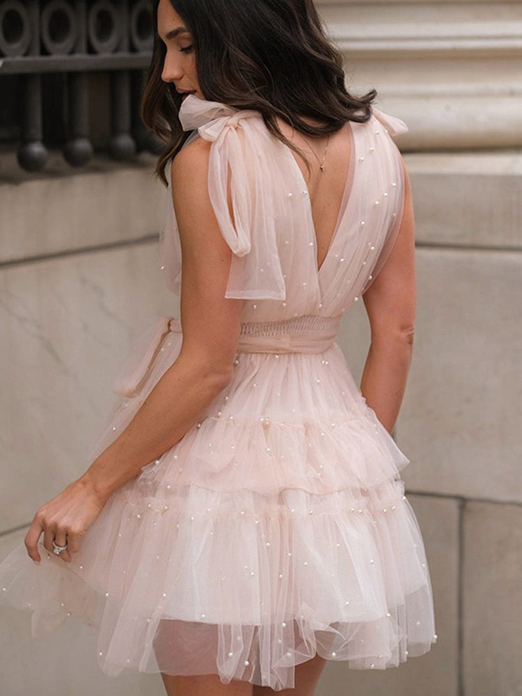 Tossy Mesh Bow Short Dress for Pearl Patchwork Sleeveless High Waist Color Party Evening Female Mini Dress