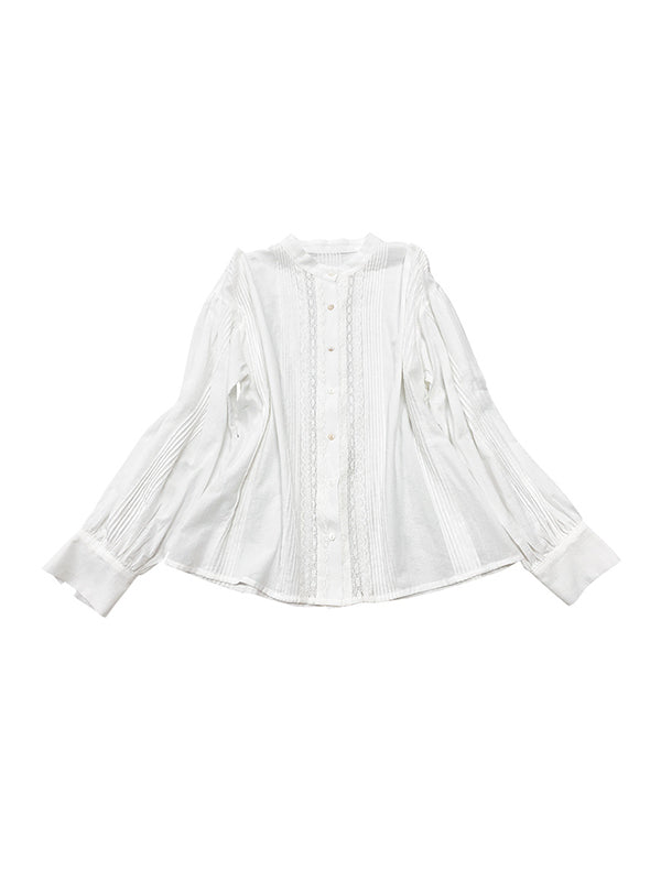 Long Sleeves Loose Buttoned Pleated Color Split-joint Stand Collar Blouses&shirts Tops