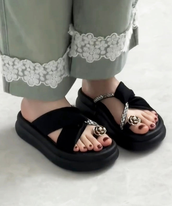 Black Platform Faux Leather Hollow Out Slide Sandals Oi055