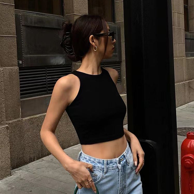 O Neck Ribbed Sleeveless Tank Top Camisole Summer Basic Elastic Black Crop Top