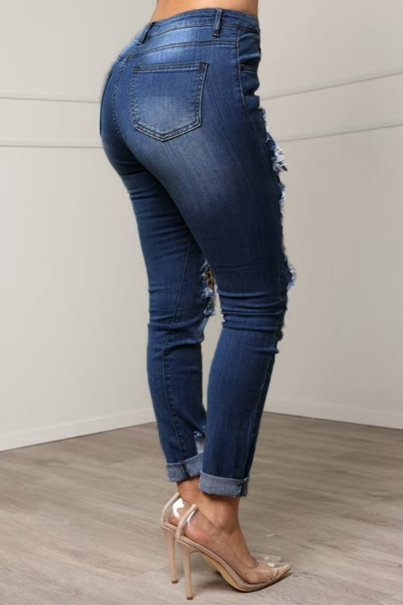 Patchwork Ripped Patch Mid Waist Regular Denim Jeans
