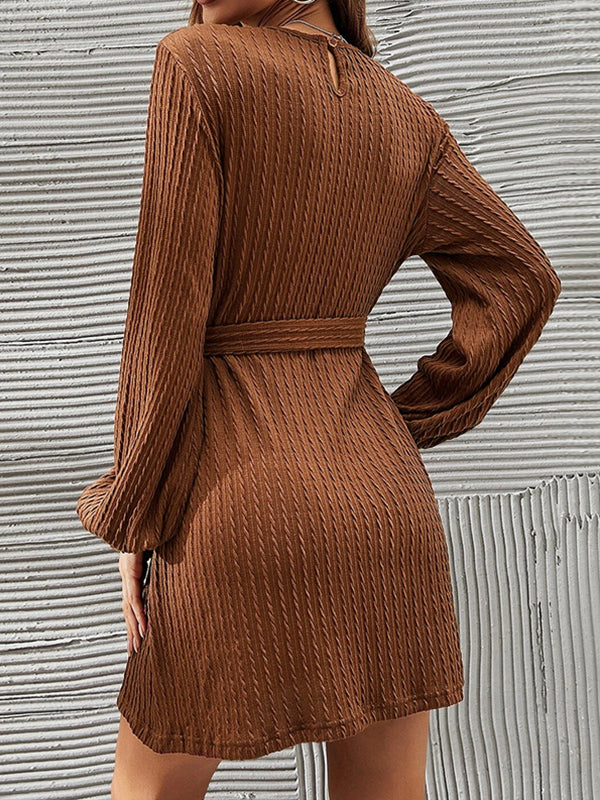Long Sleeves Loose Hollow Color Tied Waist Round-neck Mini Dresses