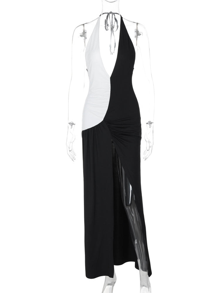 Tossy ’s Summer Halter Deep V Neck Maxi Dress Patchwork Sleeveless Ruffle High Split Evening Club Party Dress Femme