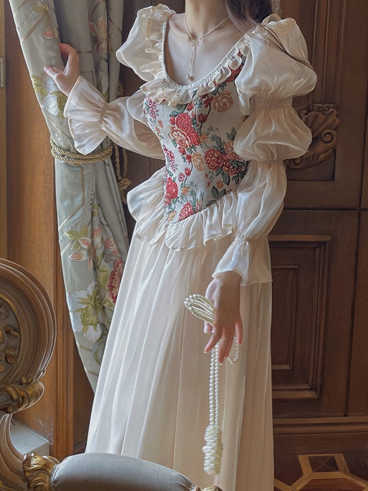French Midi Dress Patchwork Puff Sleeve Ruffles A-line Autumn Spring Evening Party Prom Robe Vestidos Mujer