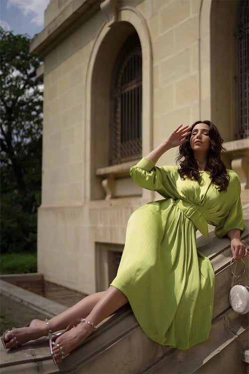 Mid Sleeve Midi Dress With Belt