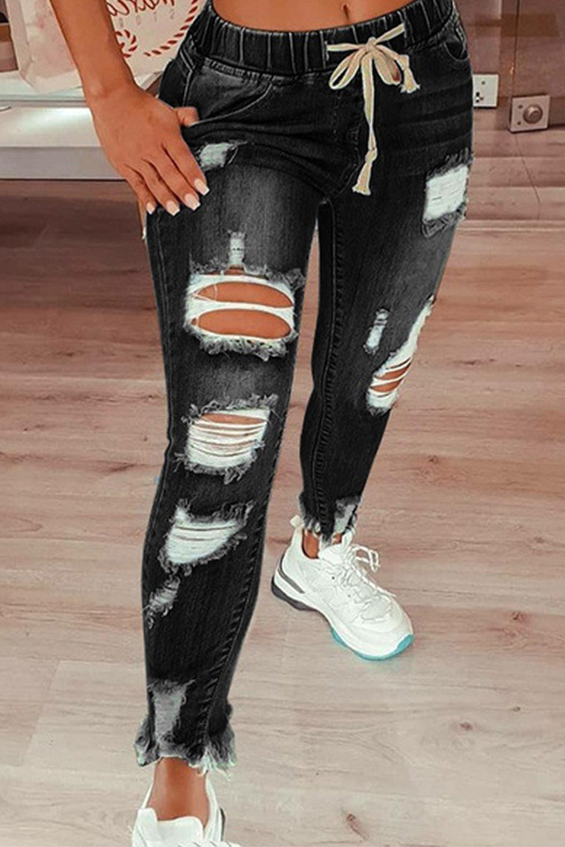 Street Ripped Draw String Skinny Denim Jeans(4 Colors)