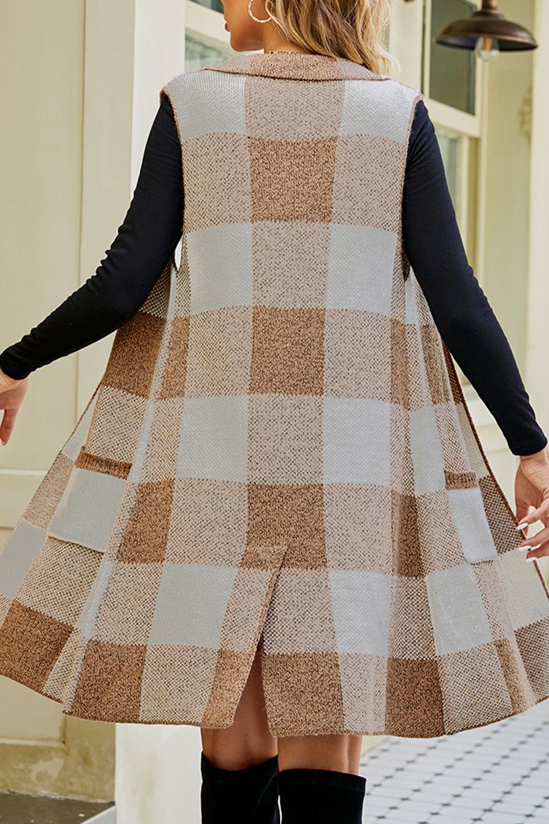 Plaid Patchwork Pocket Turn-back Collar Tops