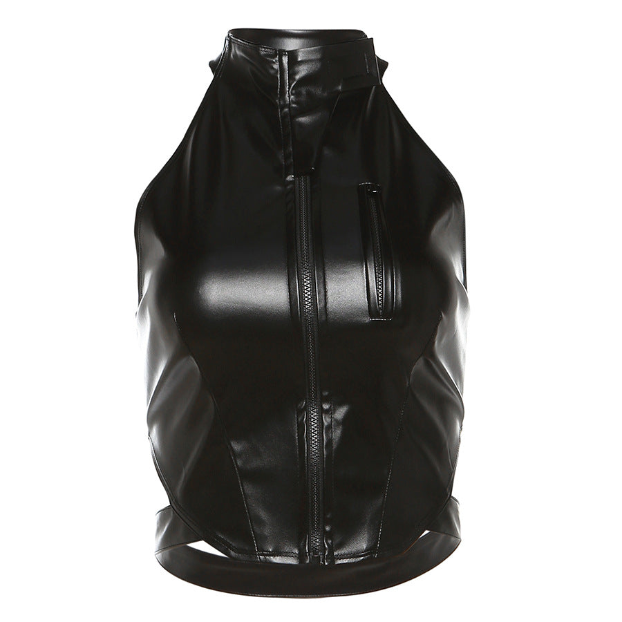 Autumn Winter ’s Halter Backless Slim Fit Faux Leather Vest With Zipper