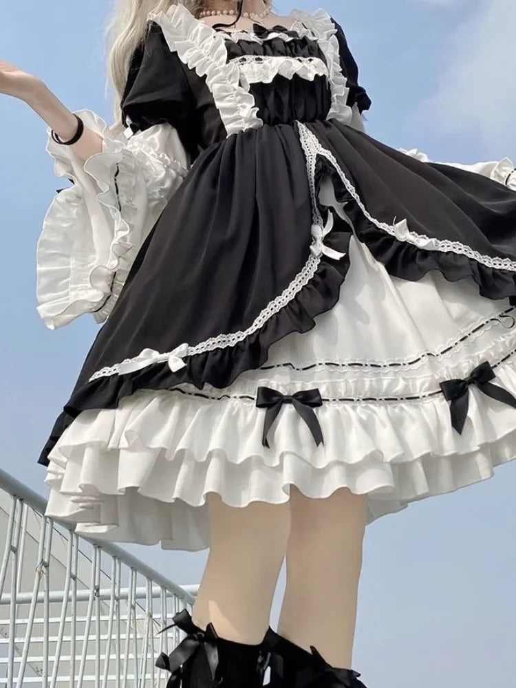 Contrast Color Japanese Dress Ruffled Patchwork High Waist Fairy Robe Y2k Aesthetic Sweet Dresses Vestido De Mujer