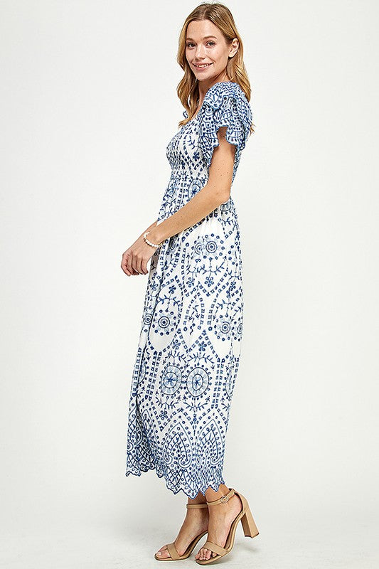 Paisley Print Lace Smocking Midi Dress
