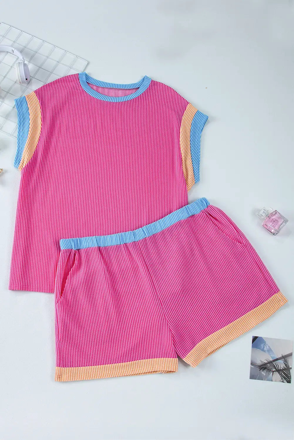 Vibrant Pink Textured Knit Plus Shorts Set