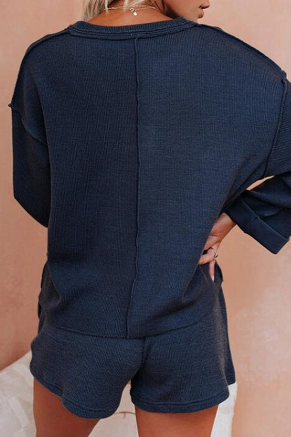 Patchwork Draw String V Neck Long Sleeve Two Pieces