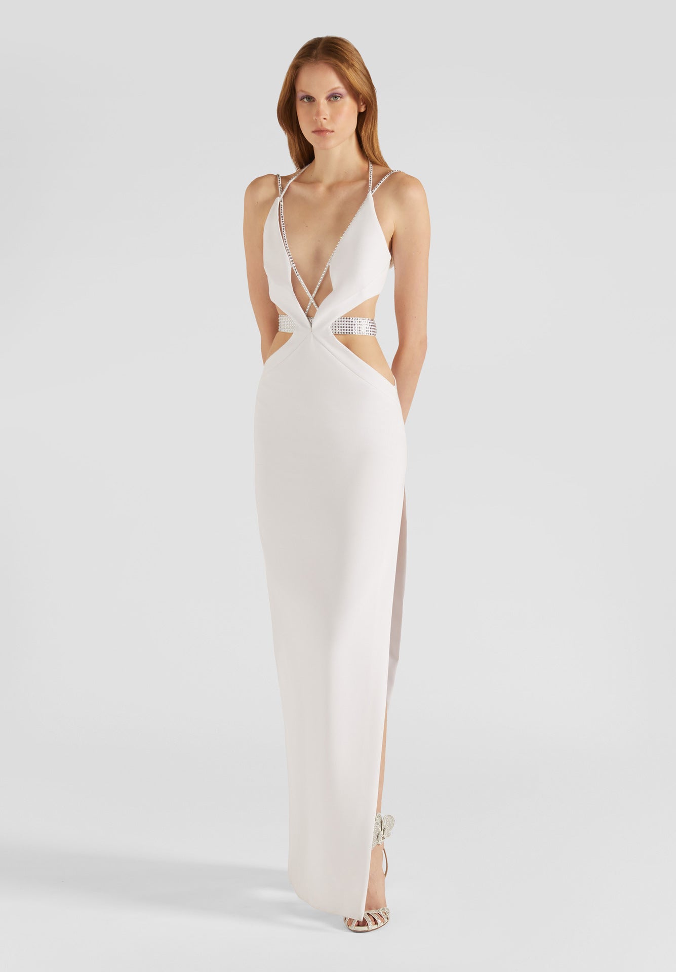 White Rhinestone Hollow Out Cutout Out Dress Camisole Backless Maxi Dress Dress Slim Bandage