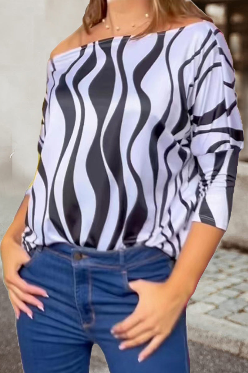 Work Print Patchwork Oblique Collar T-shirts