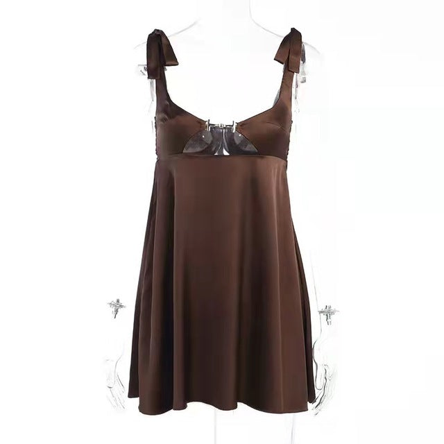 Taruxy Bandage Satin Dress Party Backless Sleeveless Loose Dresses Hollow Out Mini Dress Woman New