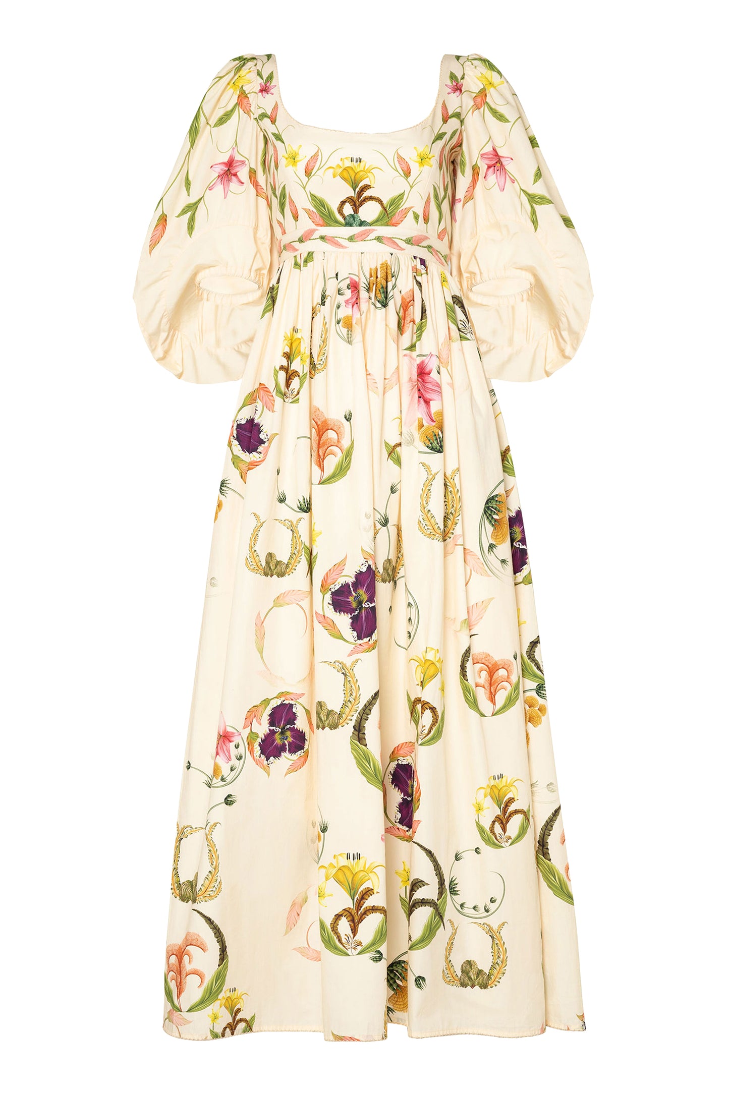 Embroidery Puff Sleeve Square Collar Midi Dress