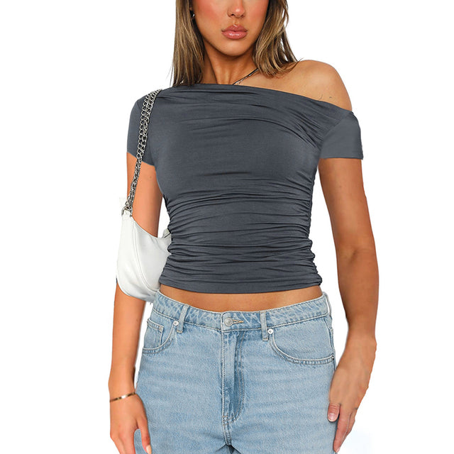 High Elasticity Fabric Color Slash Shoulder Short Sleeve Pleated Navel Reveal Top Tops for