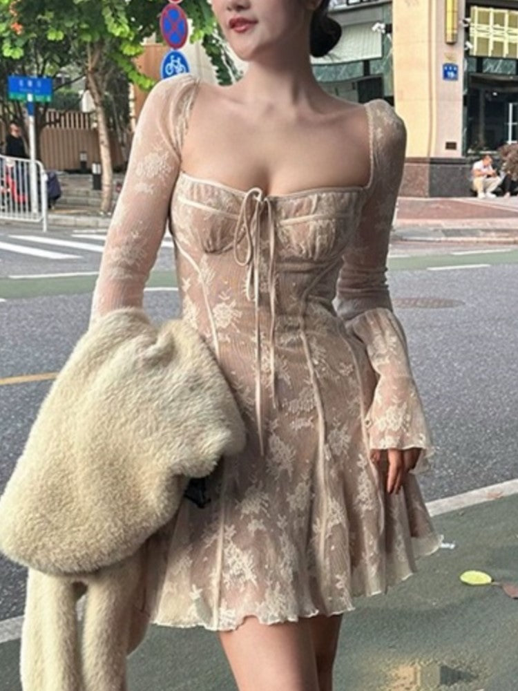 French Lace Mini Dress Y2k Off Shoulder Lace Up Ruffles A-line Autumn Spring Long Sleeve Party Dress Prom Vestidos