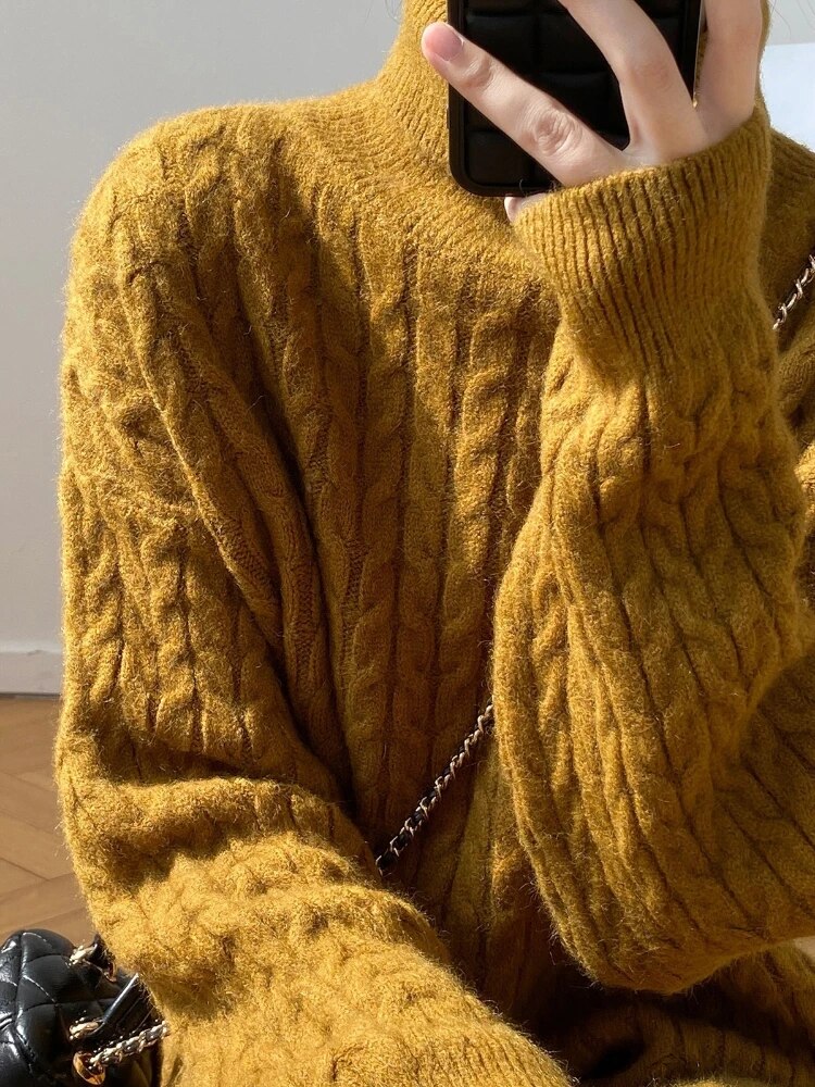 Taruxy Knitted Long Dress Loose Long Sleeve Turtleneck Pullover Femme Retro Warm Sweater Knitwear Cover Up