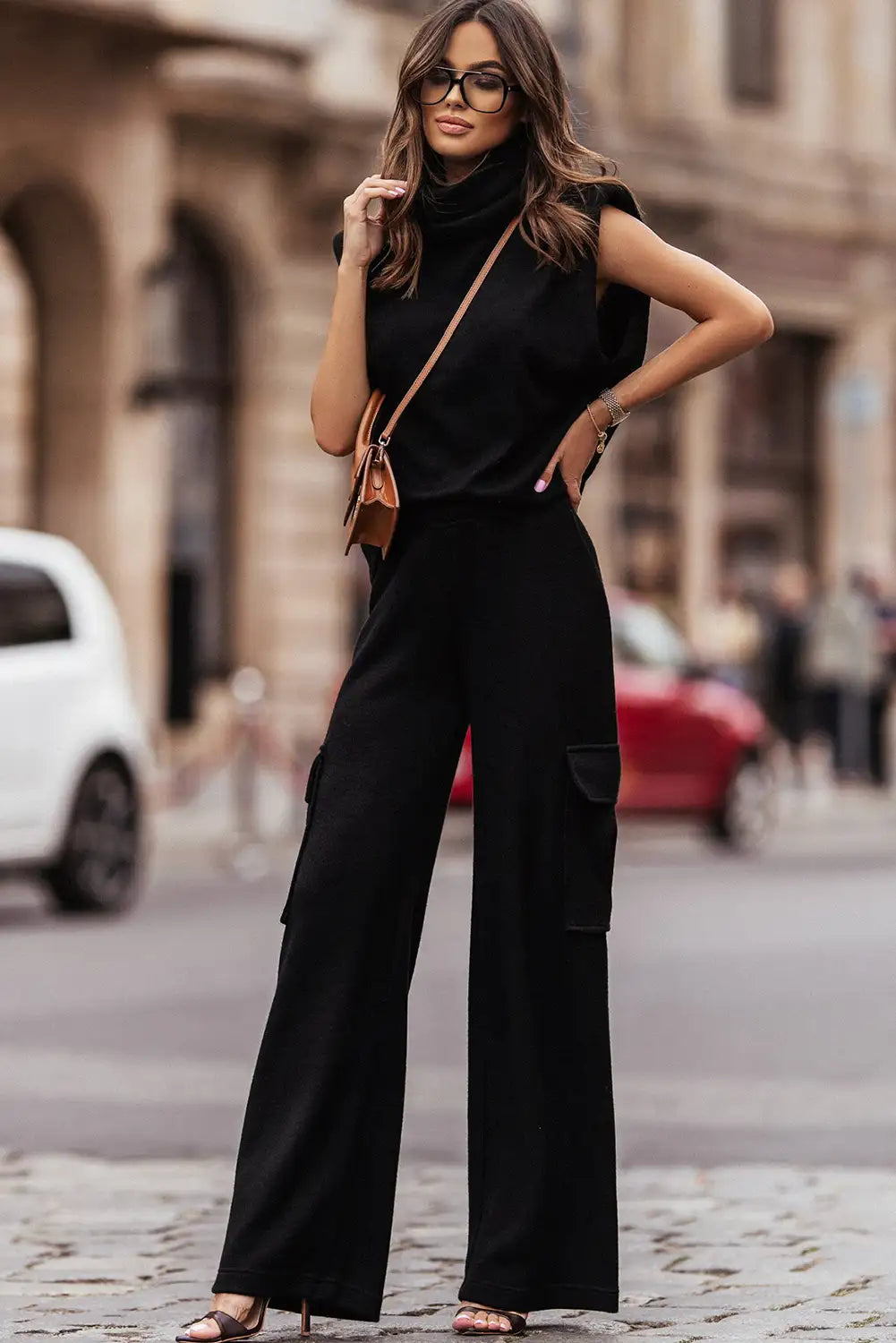 Black High Neck Sleeveless Vest and Cargo Pants Set