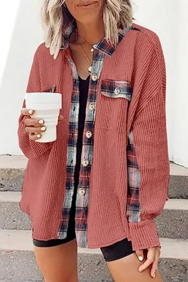 Color Block Pocket Contrast Turndown Collar Tops