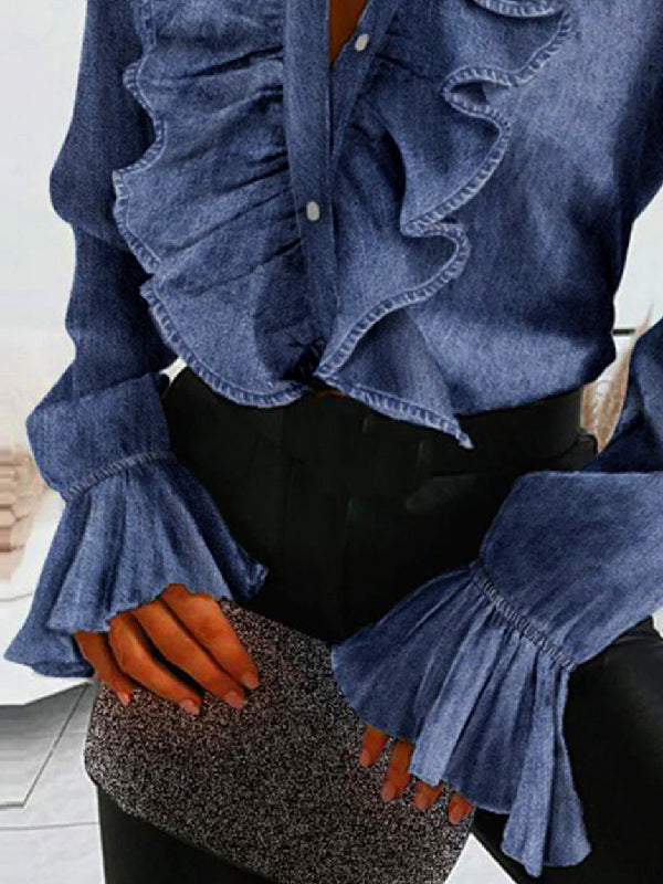Flared Sleeves Falbala Color Stand Collar Blouses&shirts Tops