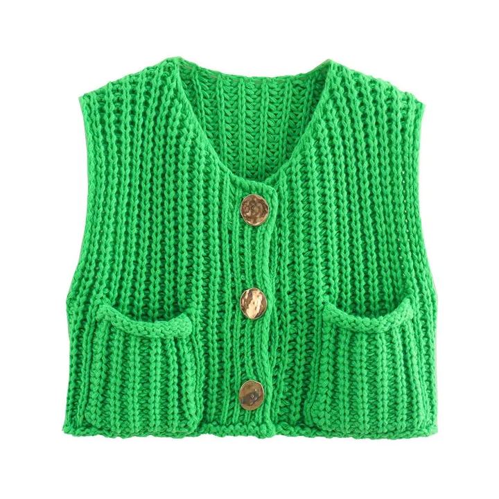 Large Buttons Color Knit Vest Cardigan