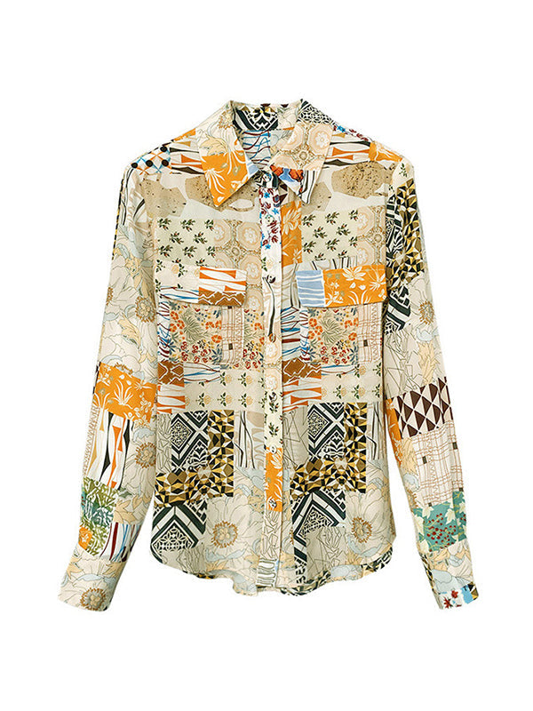 Long Sleeves Loose Buttoned Pockets Printed Lapel Blouses&shirts Tops
