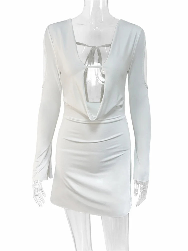 Tossy Hollow Out Lace-up Mini Dress Female Long Sleeve Bandage Backless Dress Slim Patchwork ’s Dress