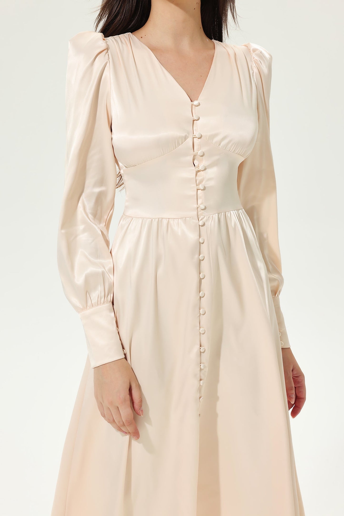 Lantern Sleeve V-neck Buttoned Midi Dress White