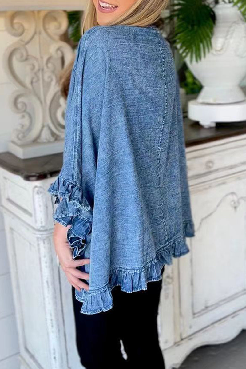 Flounce Cardigan Collar Nine Points Sleeve Loose Denim Jacket