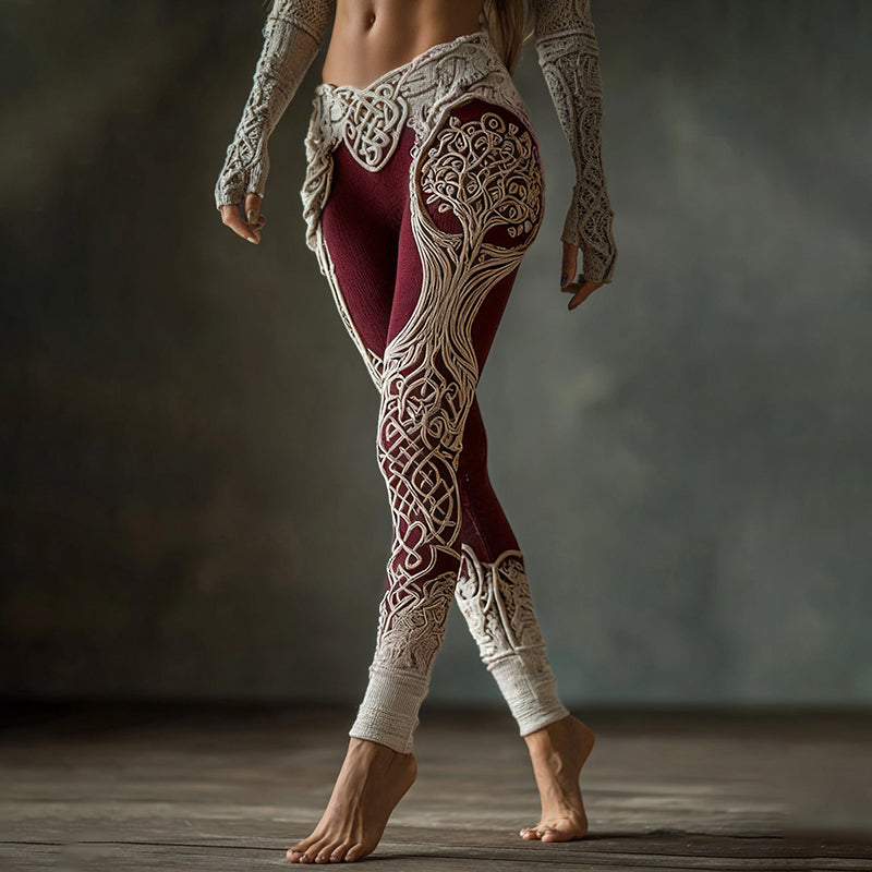 Vintage Viking Tree Of Life Celtic Knot Contrasting Colors Art Knit Cozy Leggings artswardrobe