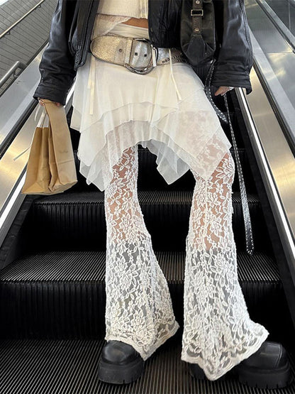 Taruxy See Through Lace Pants Summer Mesh Splice Culottes Pants Holiday Loose Femme Pantskirt